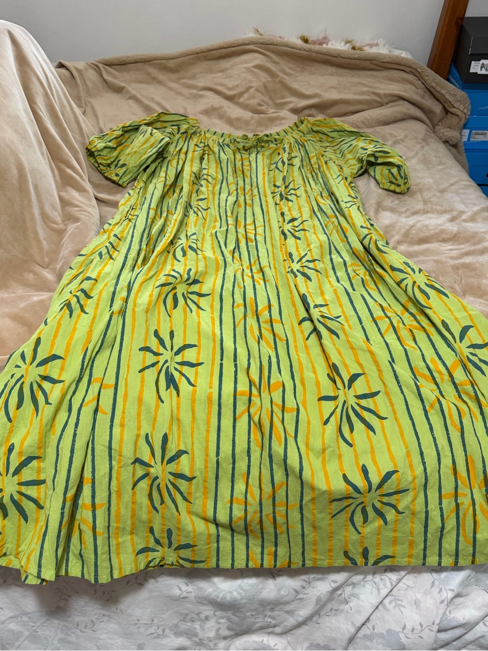 Par & Escala Green Floral Stripe Cottojaxi Dress Women’s M/L Resortwear Travel